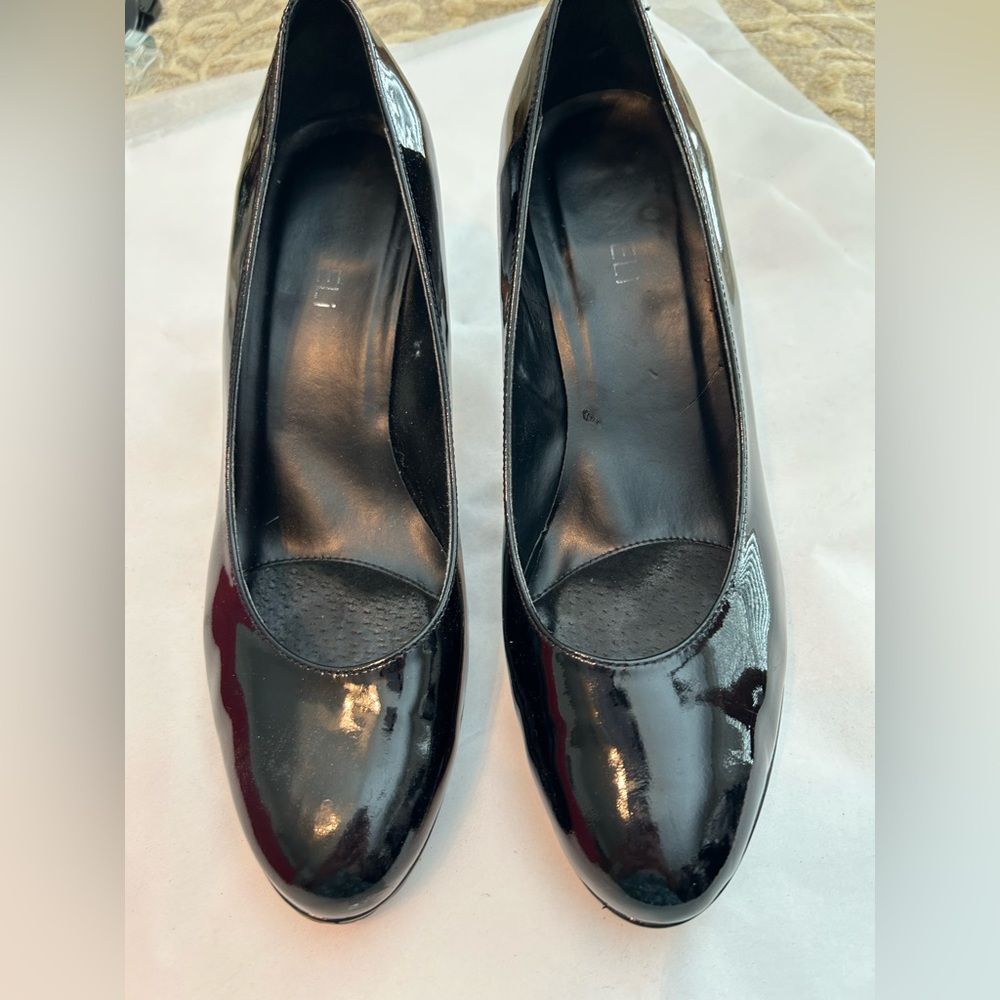 Vaneli, black patent, 3 inch heels. Size 9 1/2 with box.